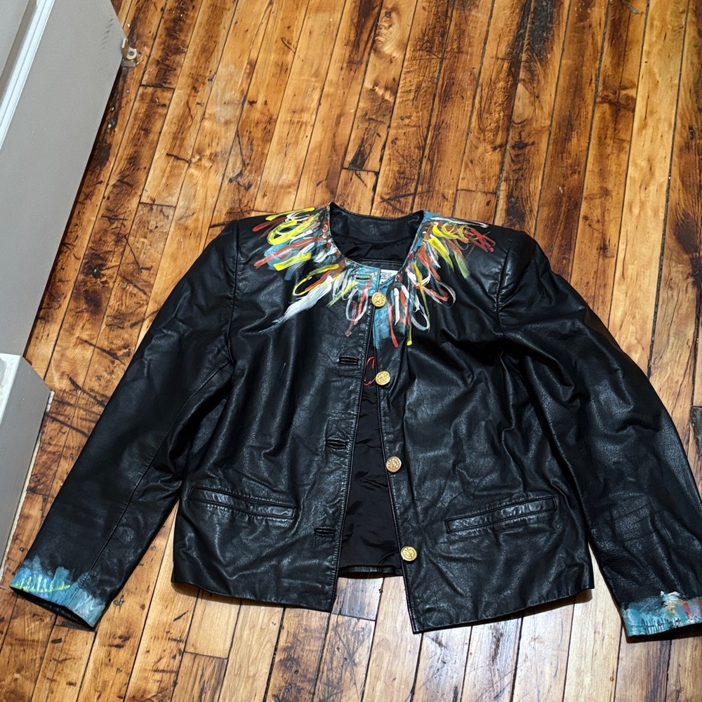 Artistic Black Leather Jacket with Colorful Accents